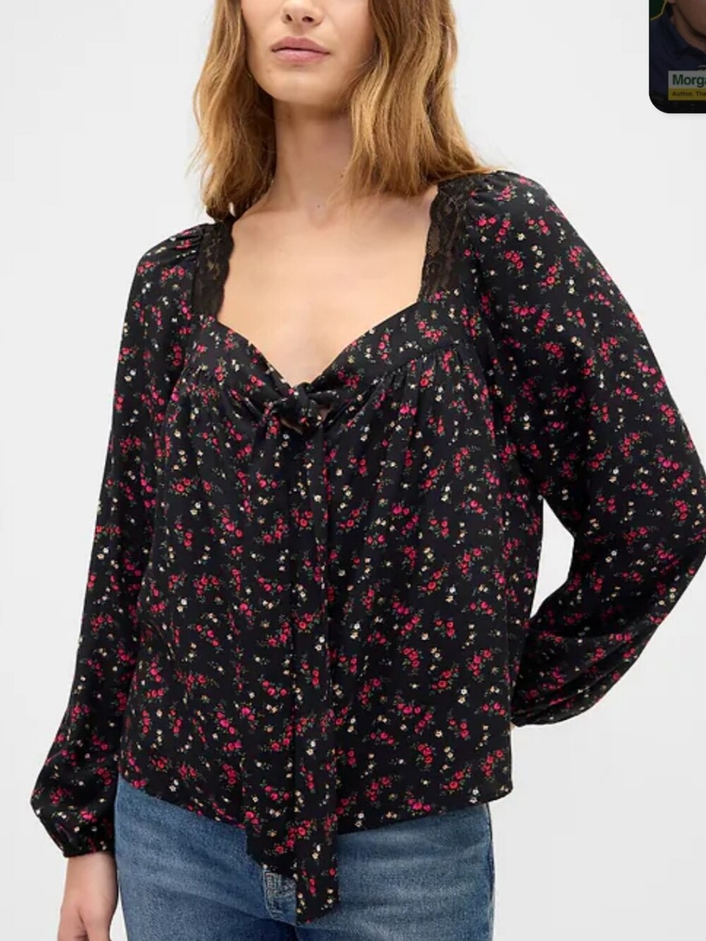 GAP Floral Lace-Trim Peasant Blouse - Black with Red Floral Oversized XXL NWT